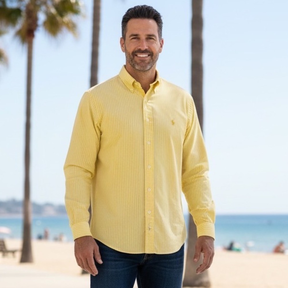 Ralph Lauren Men Yarmouth Yellow Stripe Button Down Shirt Long Sleeve Y2K Retro